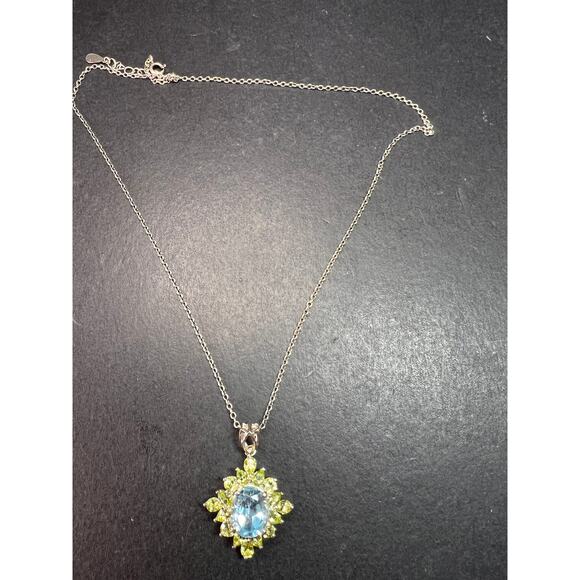 Vintage Blue Topaz & Peridot Sunburst Pendant Necklace – HT Sterling Silver - Picture 5 of 16